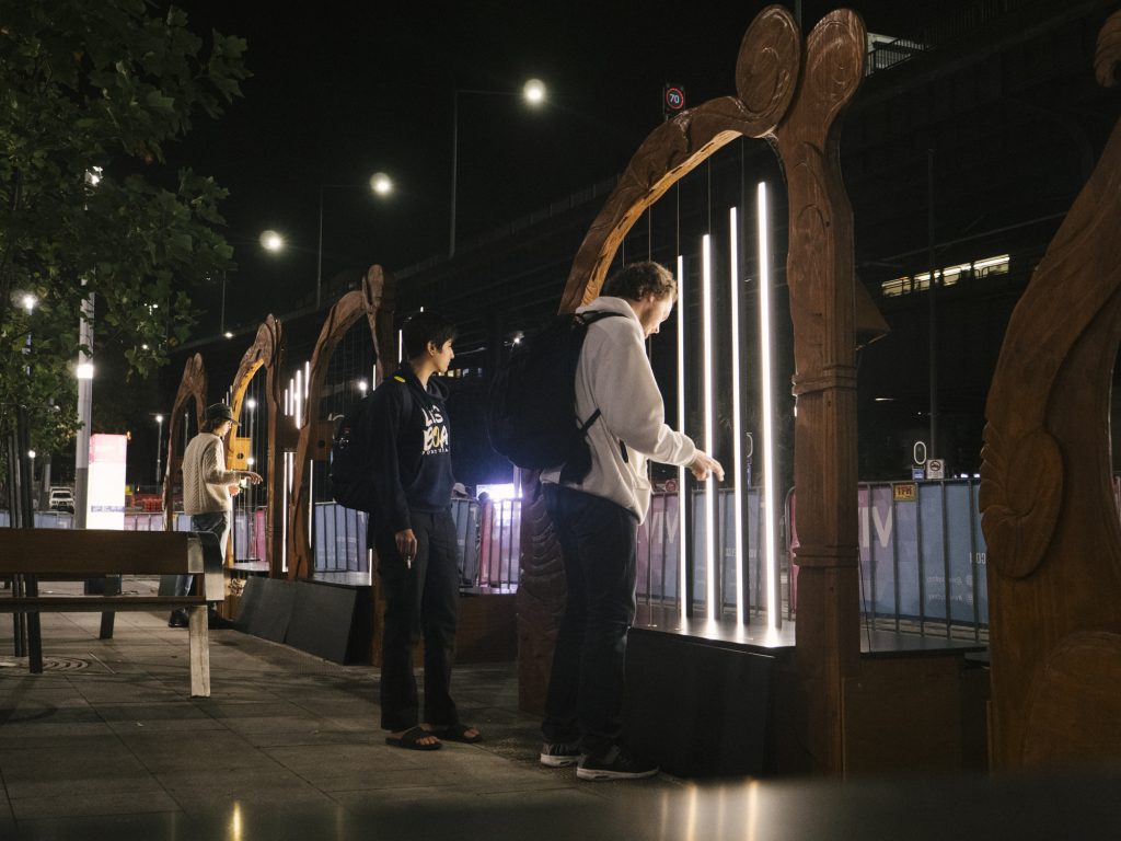 Structural Pine Plywood used to create harps for a display at the 2019 Vivid Festival